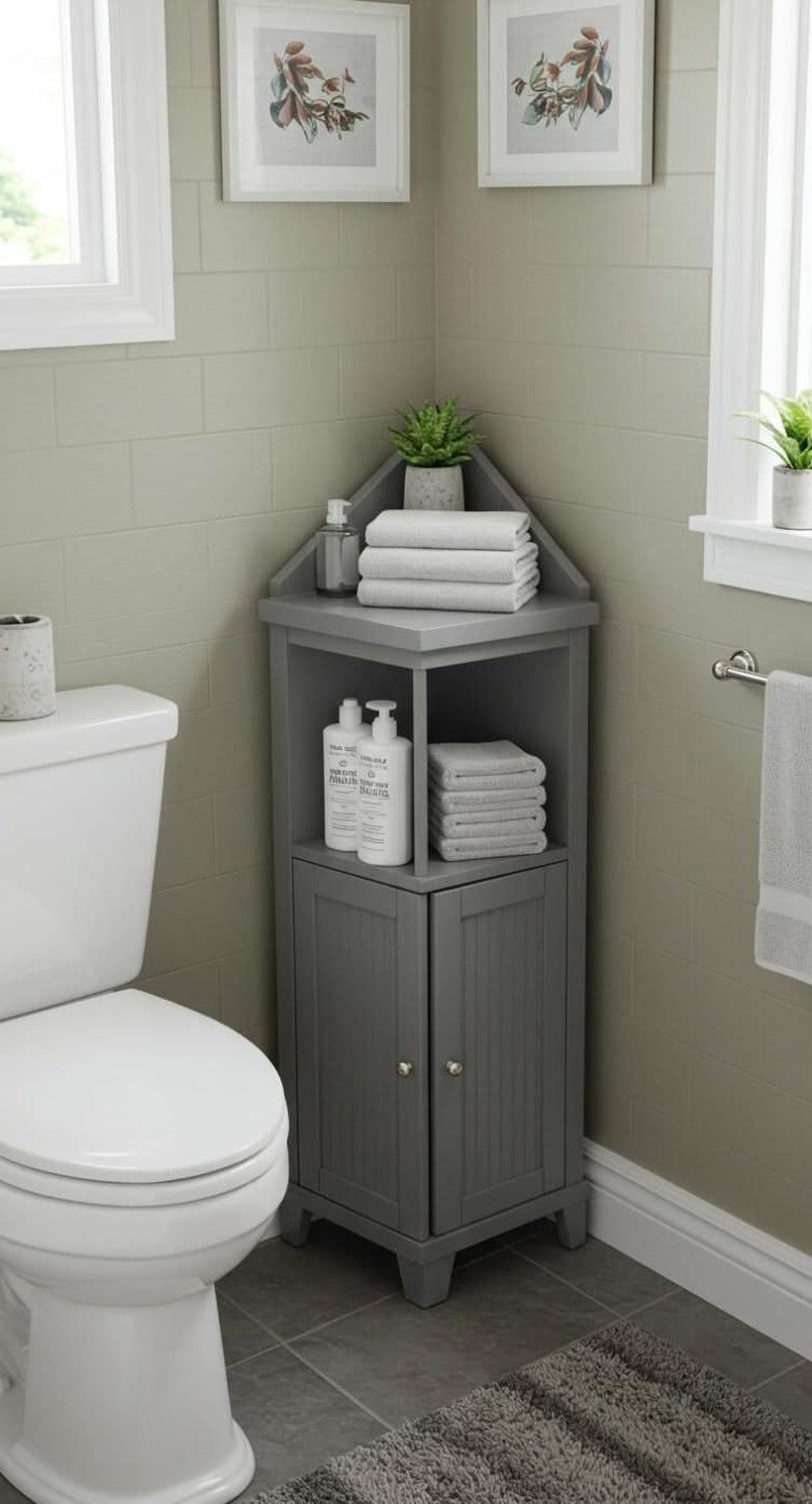 Bathroom Shelf Unit Ideas: 28 Storage and Display Options 12 Grey corner bathroom cabinet with open shelving and closed storage next to a toilet.