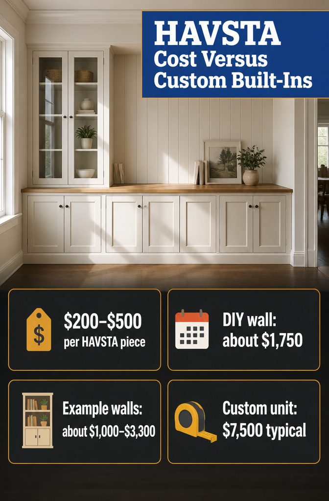 How to Build IKEA HAVSTA Built Ins With Trim, Frame and Paint 9 Comparison graphic with HAVSTA project costs and custom built-in pricing