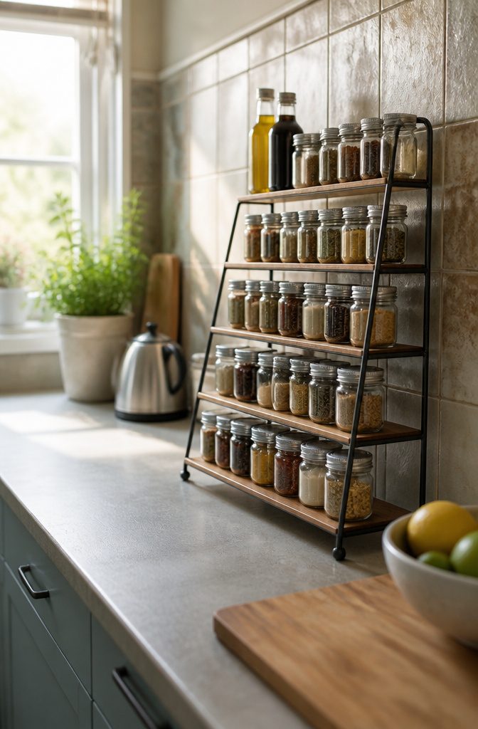 Rental Friendly Shelves for Apartments, Bathrooms, and Closets 7 Tiered countertop rack holding spice jars oils and condiment bottles