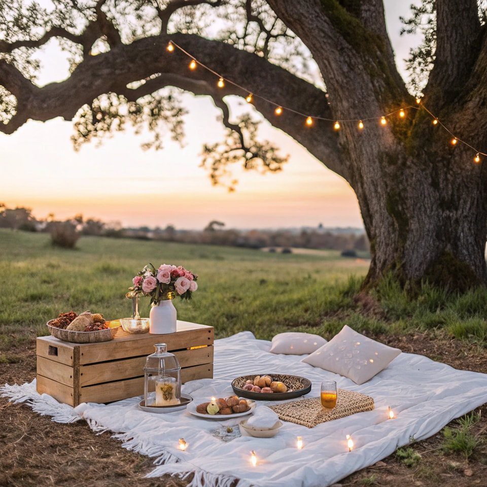 Picnic setup with white blanket, pillows, and snacks under a tree with string lights.