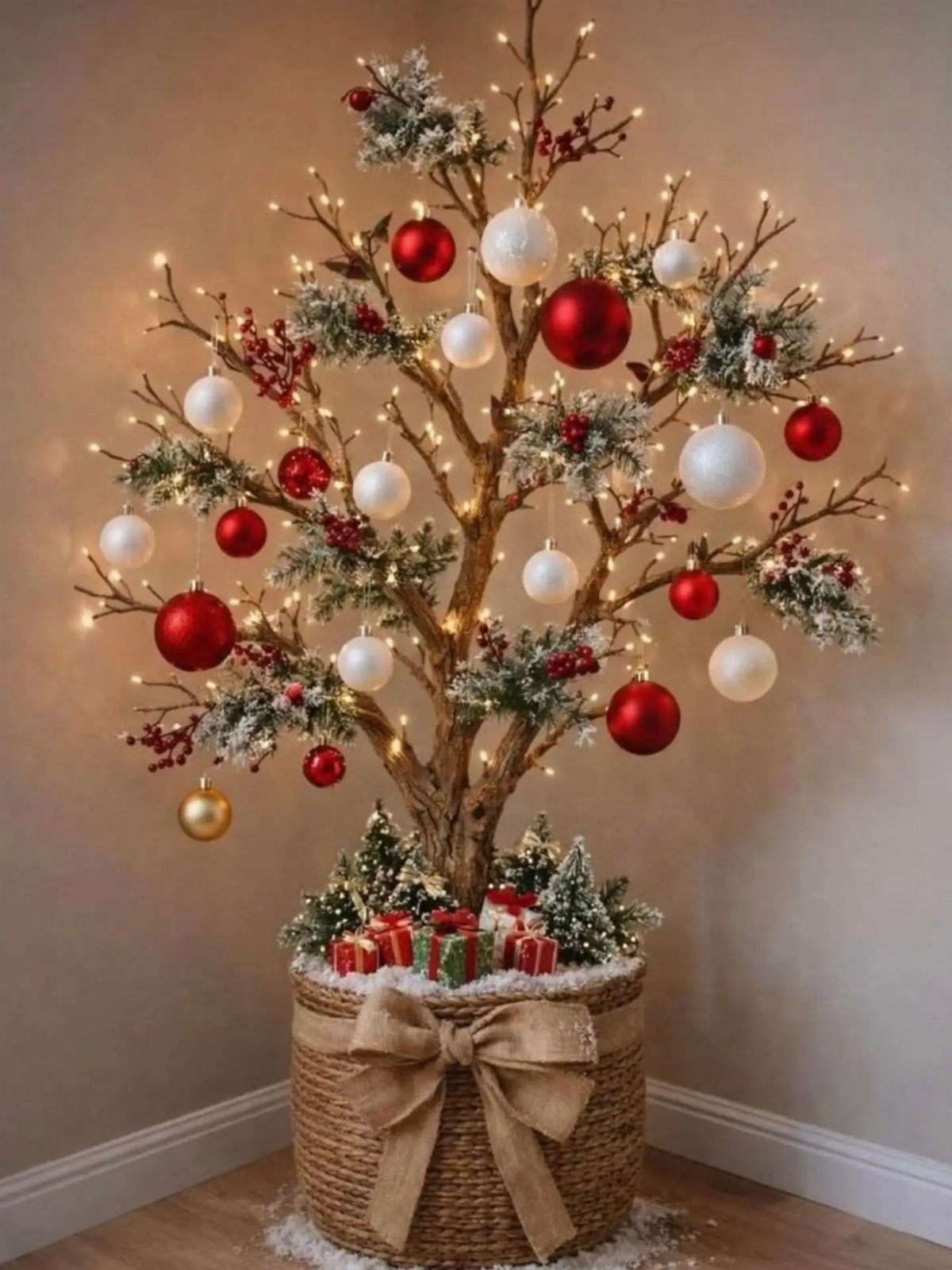 Stylized branch Christmas tree with red and white ornaments in a woven basket.