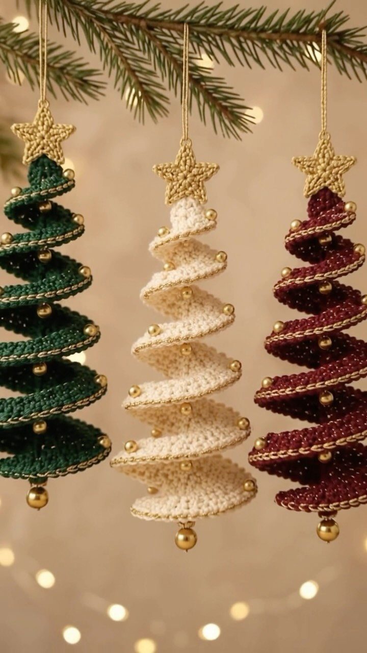 Three spiral crochet Christmas tree ornaments in green, white, and burgundy hanging from pine.