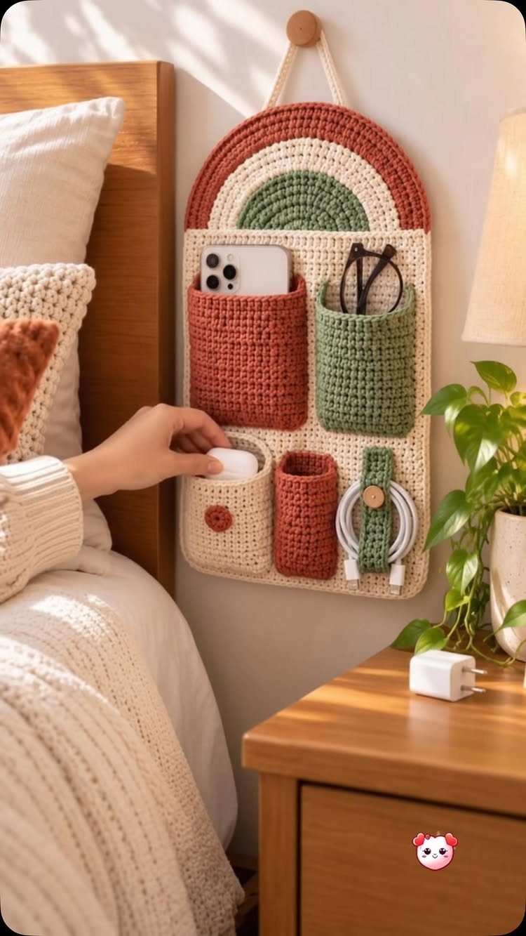 Crocheted rainbow wall organizer with pockets holding a phone and cables in a bedroom.
