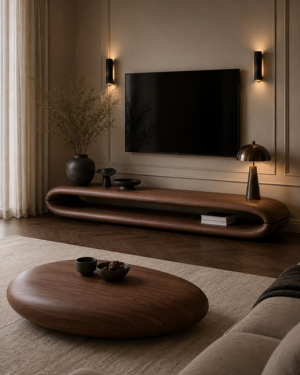 Unit TV Modern Ideas: 9 Designs for the Living Room 9 Modern curved dark wood TV unit and coffee table in a minimalist living room.