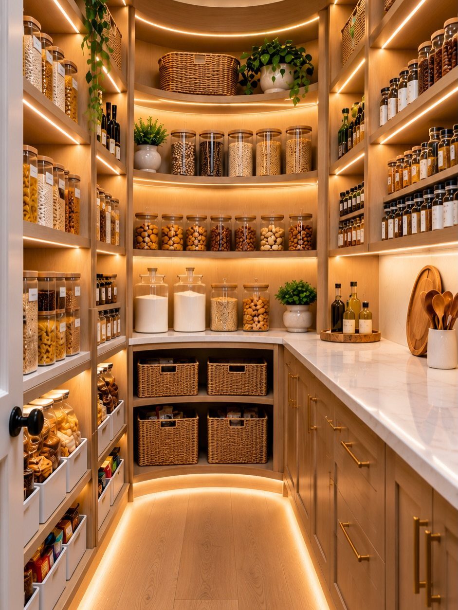 Curved wooden pantry shelves with glass jars, woven baskets, and warm integrated lighting.