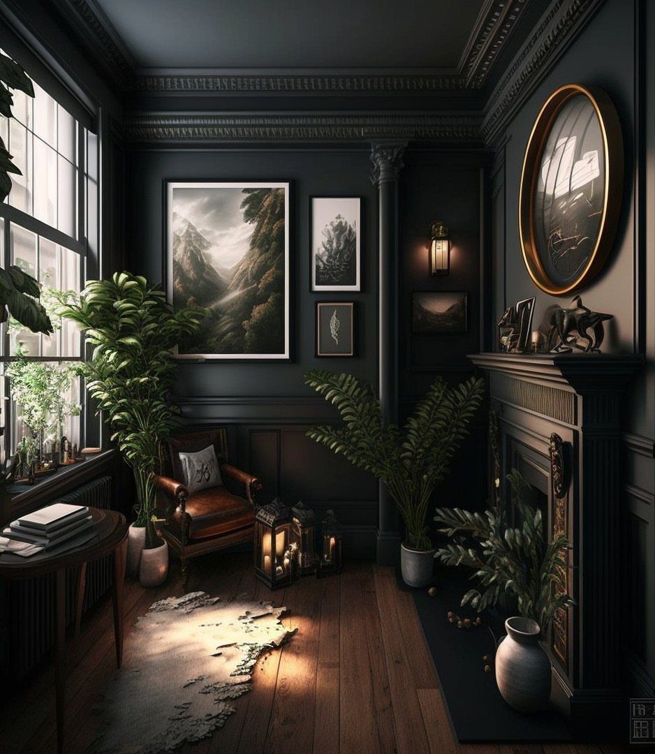 Dark traditional room with ornate molding, leather chair, fireplace, and lush green plants.