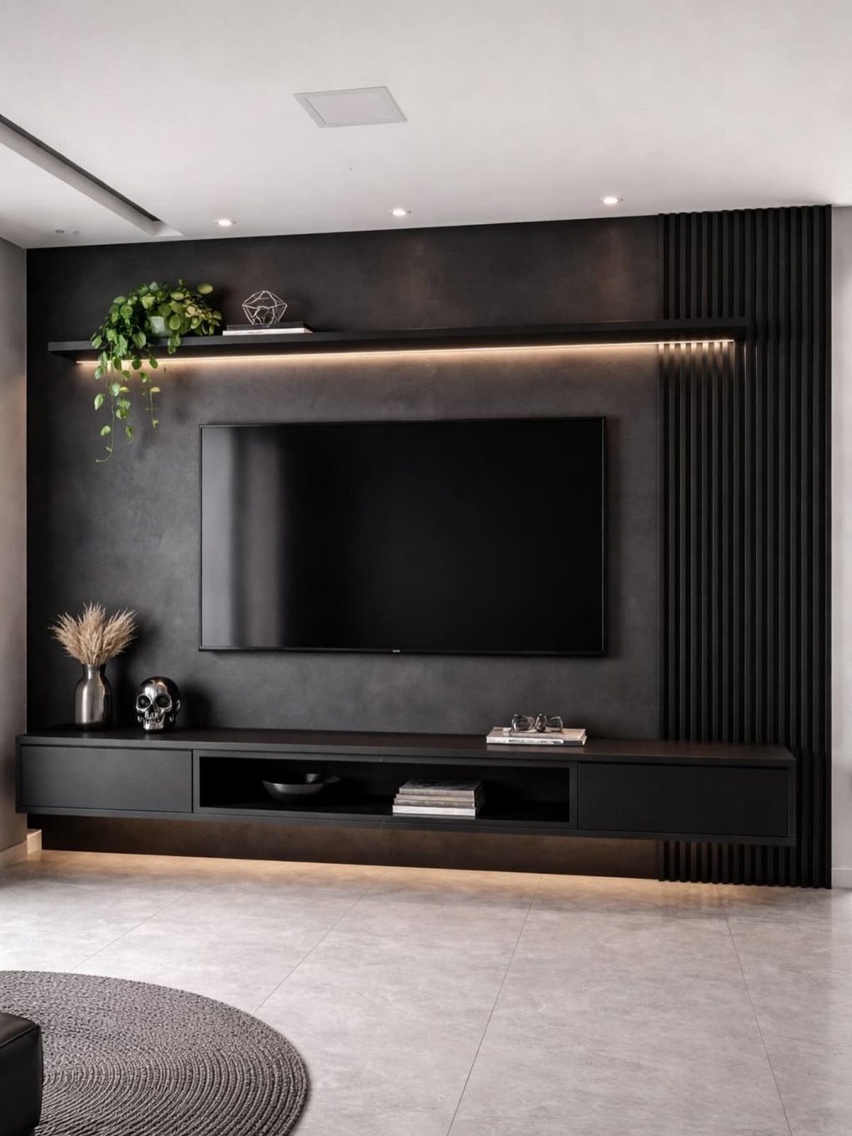 21 Living Room TV Unit Designs Luxury Homes Need in 2026 19 Modern black floating TV unit against a dark charcoal grey accent wall with LED lighting.