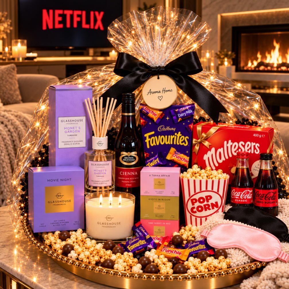 Gift basket with wine, snacks, and a sleep mask in a cozy living room.
