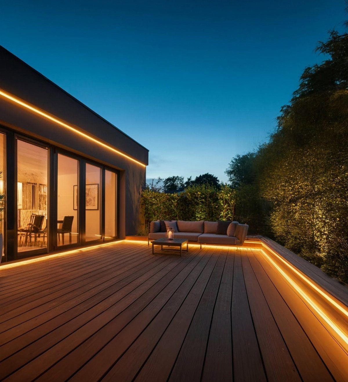 13 Rope Lighting Ideas Outdoor for Decks, Steps and Fences 4 Wooden deck with warm orange rope lighting outlining the perimeter edges at dusk.