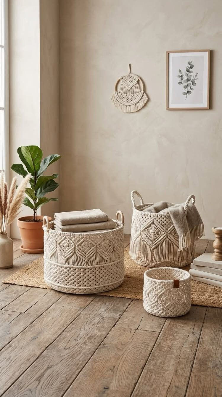 Woven cream decorative baskets with blankets and towels in a living room corner.