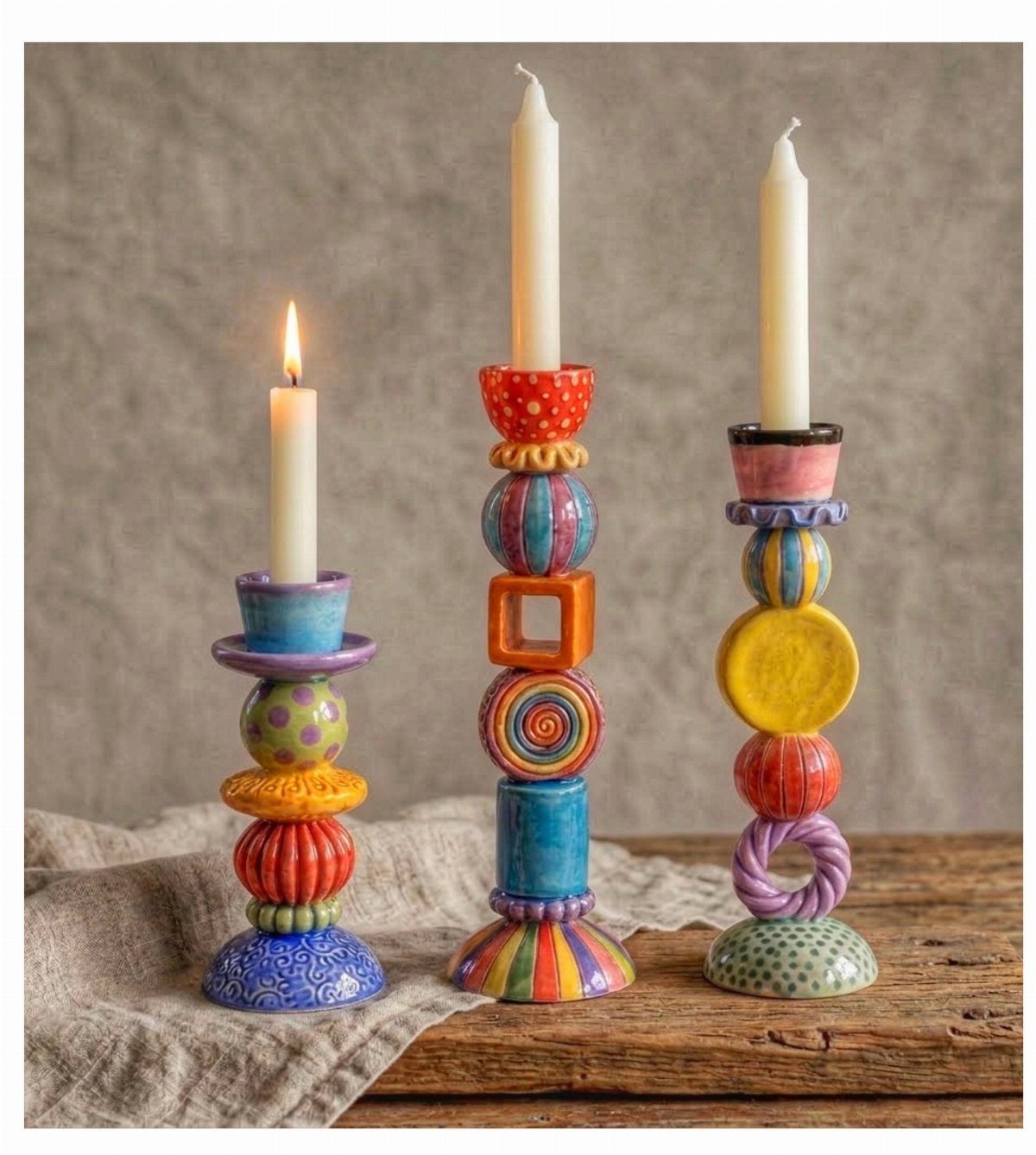 40 Home Decor Item Ideas, From Candle Holders to Sculptures 35 Three colorful stacked ceramic candle holders with white taper candles on a wooden table