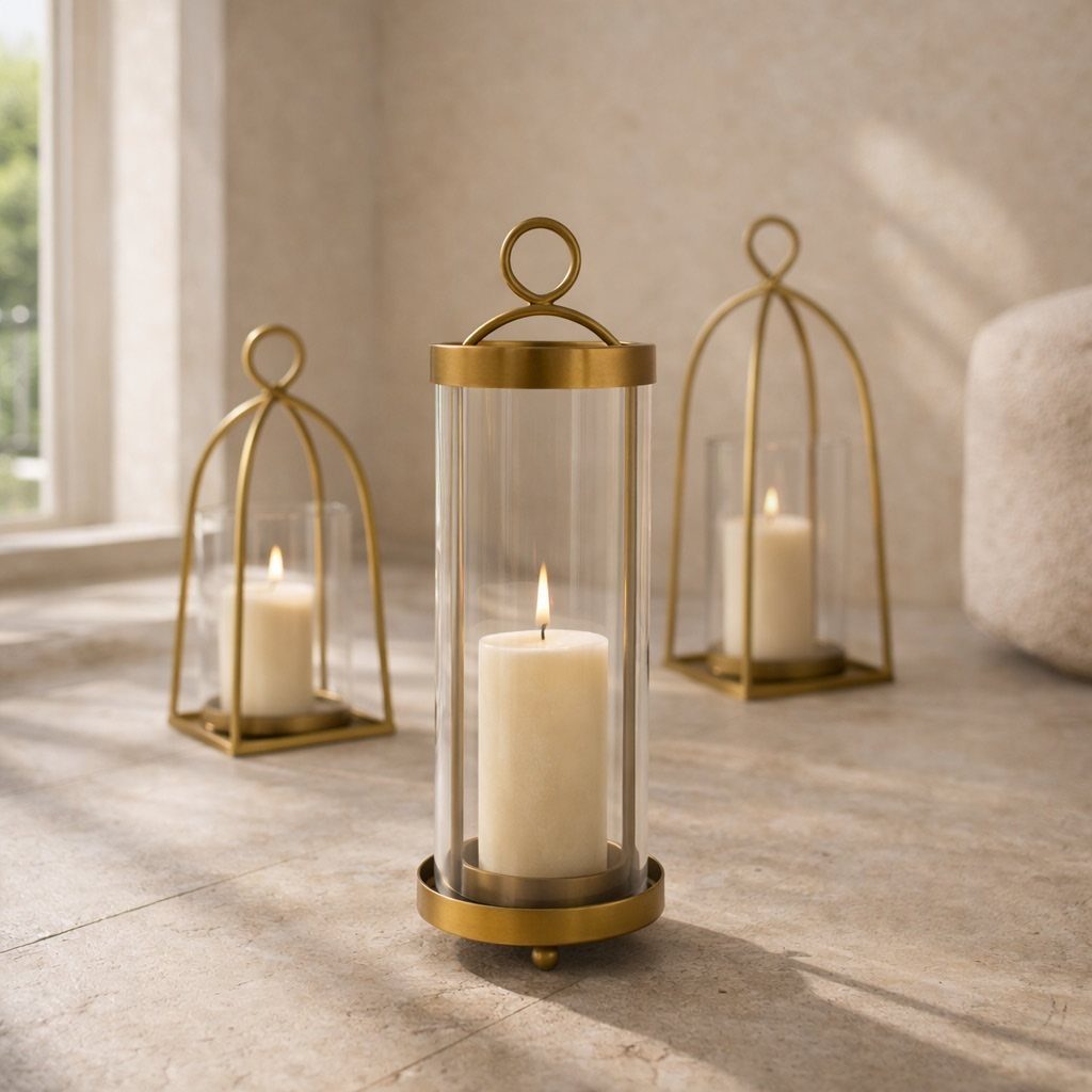 40 Home Decor Item Ideas, From Candle Holders to Sculptures 32 Three gold metal and glass lanterns with lit white pillar candles on stone.