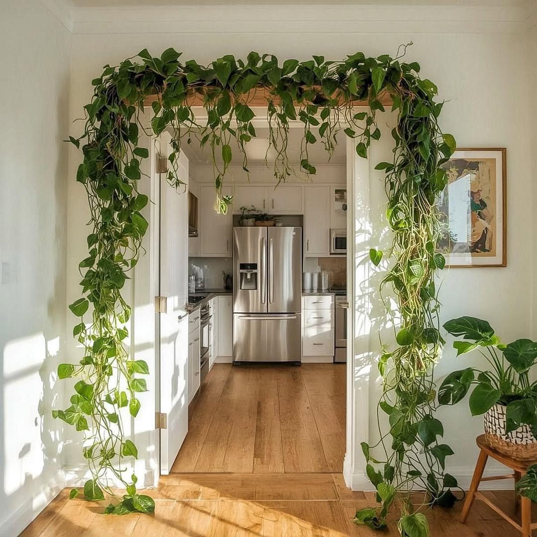23 Cool House Items for Walls, Shelves, Desks, and Baths 7 Green faux vines draped over a white doorway leading into a bright kitchen.