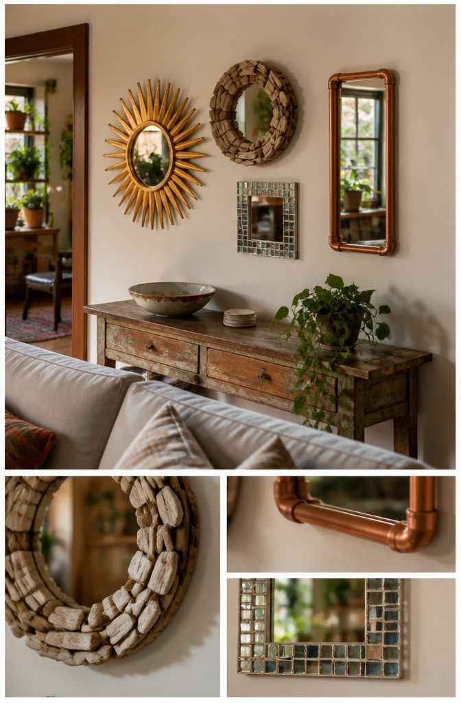How to Make a Mirror Wall: 6 Ways, From Panels to Framed Glass 6 Decorative mirrors with sunburst, driftwood, copper pipe and tiled frames