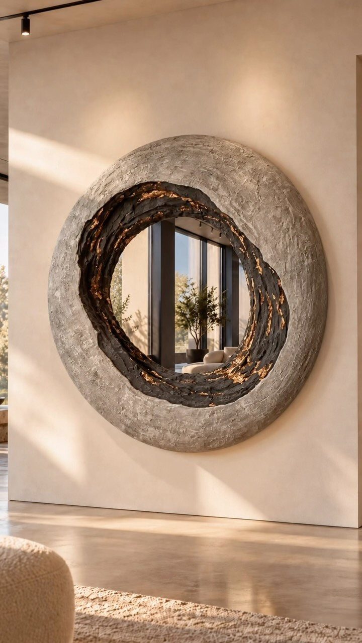 Mirror Wall Art: 25 Ideas from Sunburst to Floor Mirrors 17 Circular decorative wall mirror with textured grey stone frame and gold inner accents.
