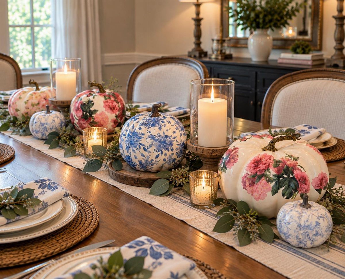 Floral decoupage pumpkins and white candles arranged on a wooden dining table runner.