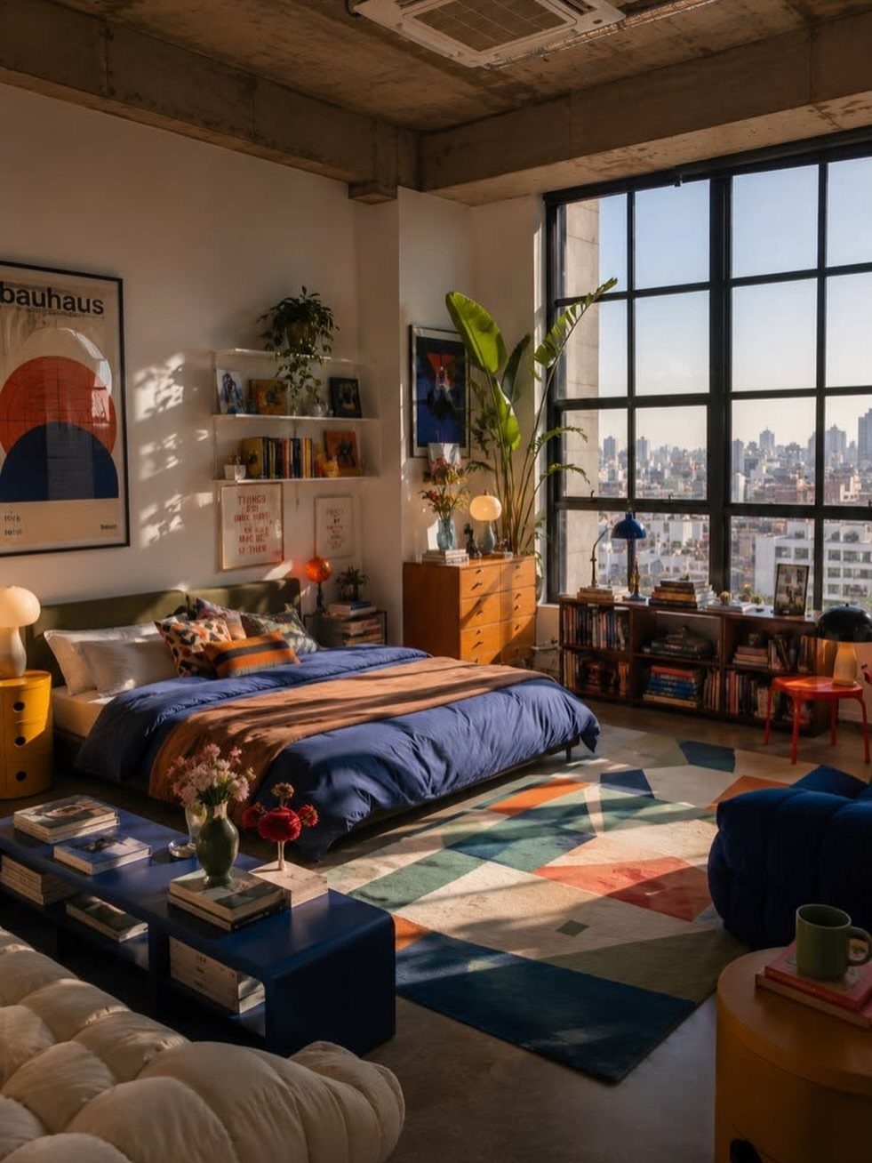 Bedroom with mid-century modern furniture, a geometric rug, and a city view window.