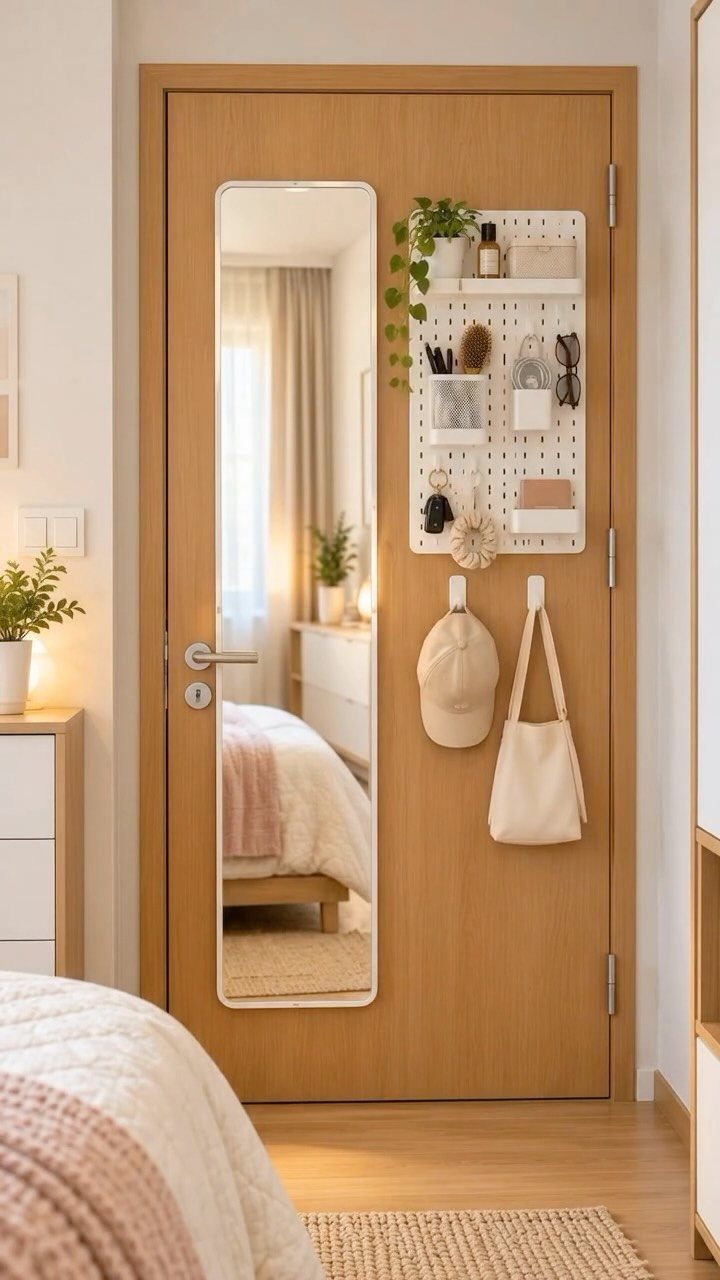 12 Small Bedroom Mirror Ideas That Make a Room Feel Bigger 2 Full length mirror mounted on a light wood bedroom door with a pegboard.