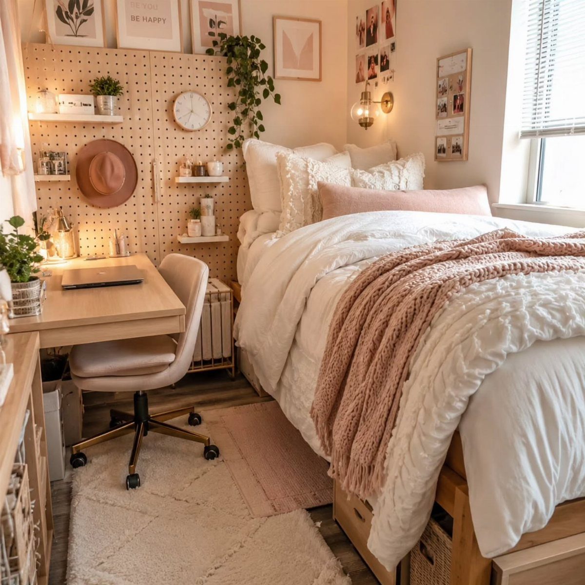 Cozy small bedroom with a white bed, pink accents, and a study desk.