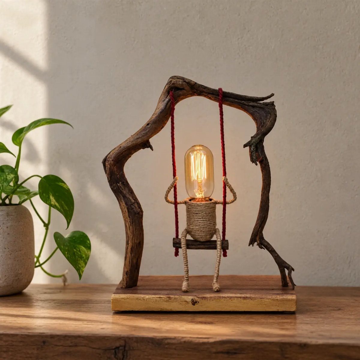 17 Handmade Lamps Ideas Using Wood, Concrete, and Glass Jars 9 Edison bulb lamp shaped like a person on a swing made of driftwood.