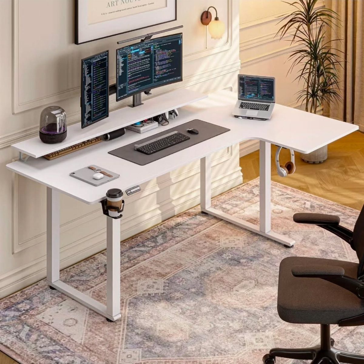 13 Double Monitor Desk Setup Aesthetic Ideas That Work 10 White L-shaped desk with double monitor setup, laptop, and office chair on patterned rug