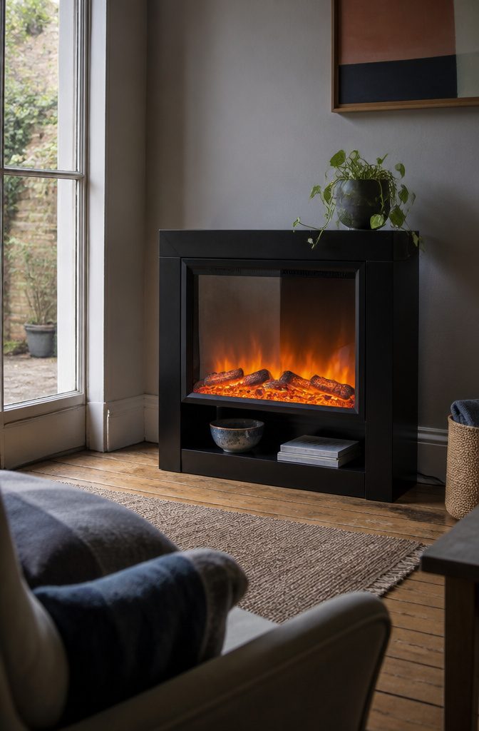 Electric fireplace set into a living room wall with glowing artificial flames