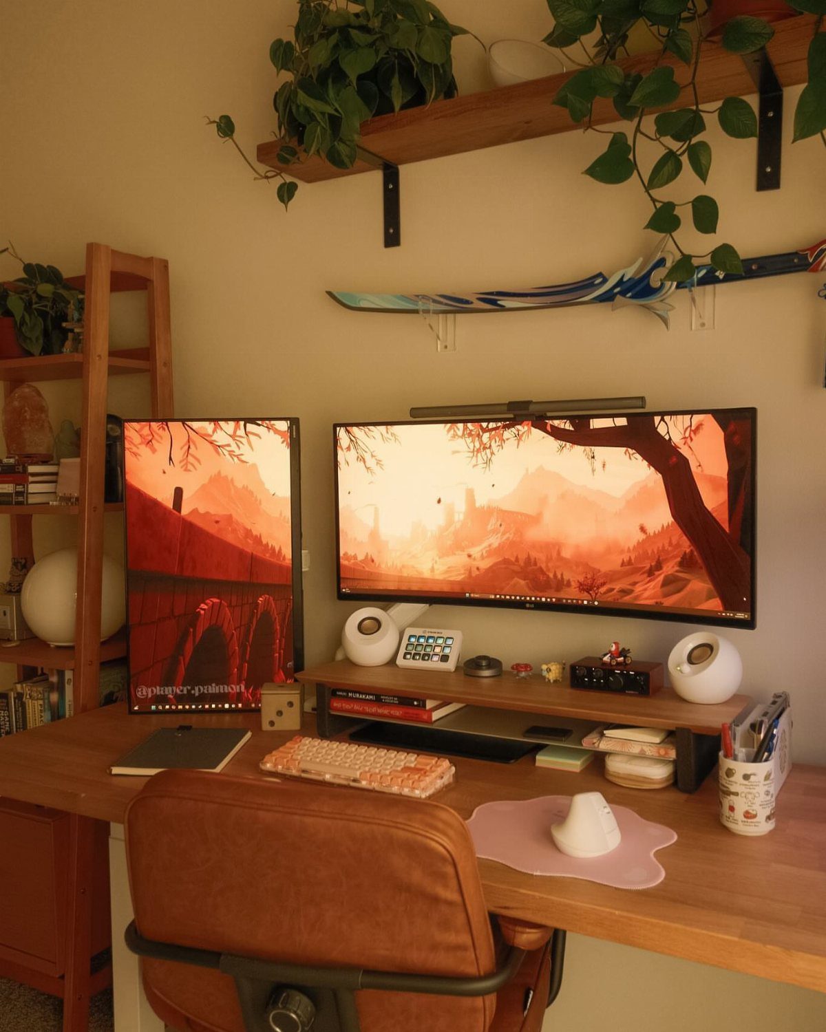 Wooden desk setup with dual monitors and a wall-mounted shelf with green plants.