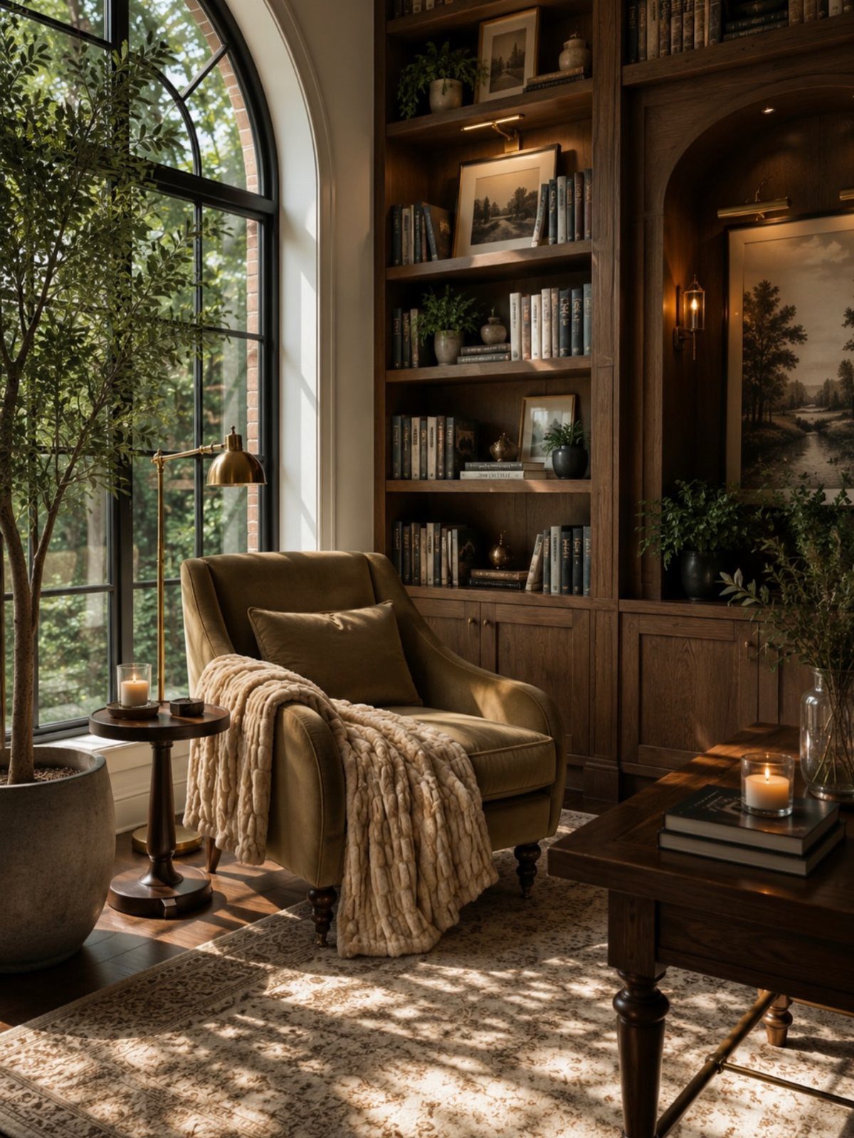 Brown leather armchair with a throw blanket next to a large wooden bookshelf.