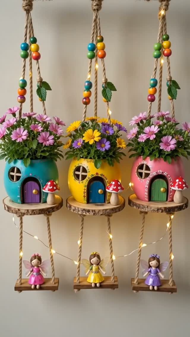 House Plant Pots: 21 Ideas in Ceramic, Terracotta and Metal 4 Three colorful house-shaped fairy planters with flowers and small fairy figurines hanging by ropes.