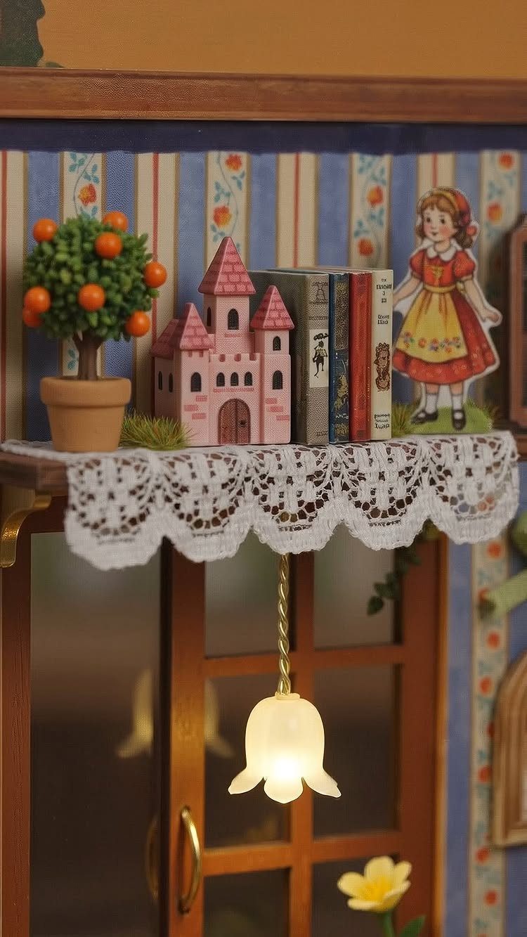 Miniature pink castle and tiny books on a lace shelf with a flower light.