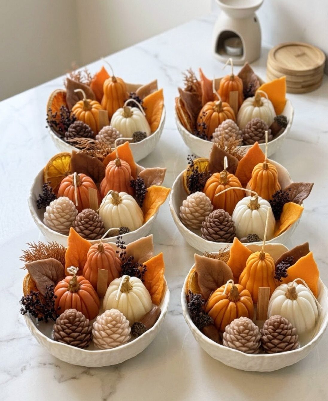 Pumpkin-shaped candles with pinecones and autumn leaves arranged in small white bowls.