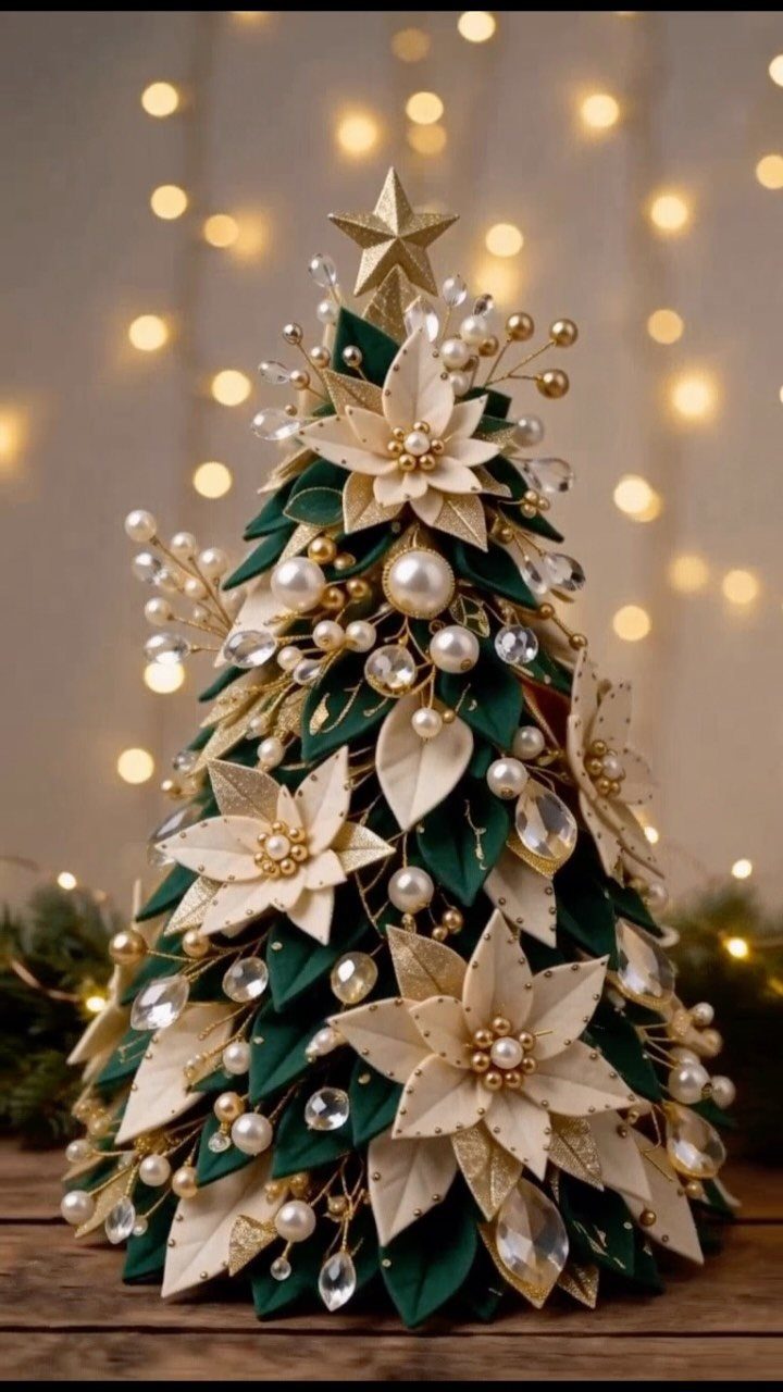 Felt Christmas tree with green and cream leaves, pearls, and a gold star topper.