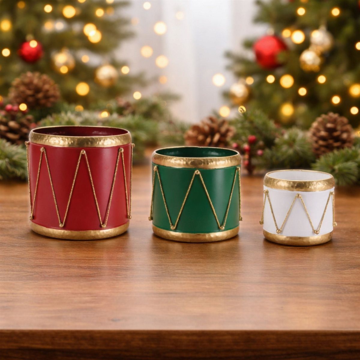 40 Home Decor Item Ideas, From Candle Holders to Sculptures 31 Three colorful decorative drum containers on a wooden table with Christmas background.