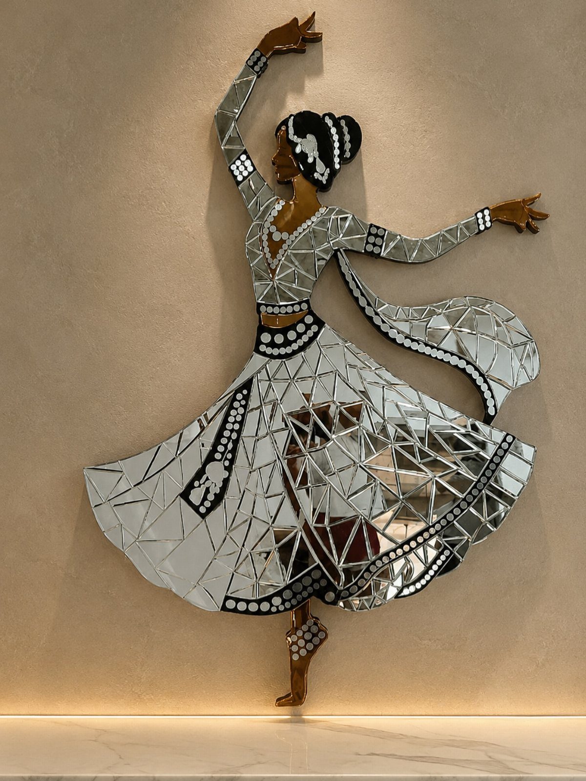 Mirror Wall Art: 25 Ideas from Sunburst to Floor Mirrors 24 Mosaic mirror wall art of a dancing woman in a flowing dress.