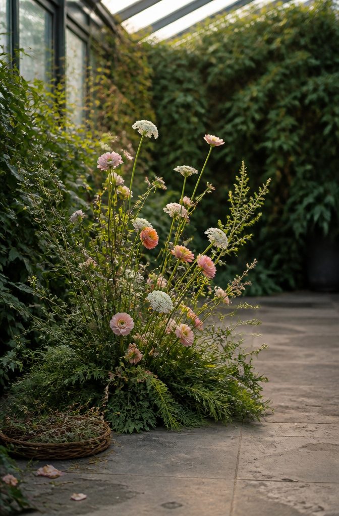 Floor arrangement with ranunculus Queen Anne’s lace and cosmos above blooms