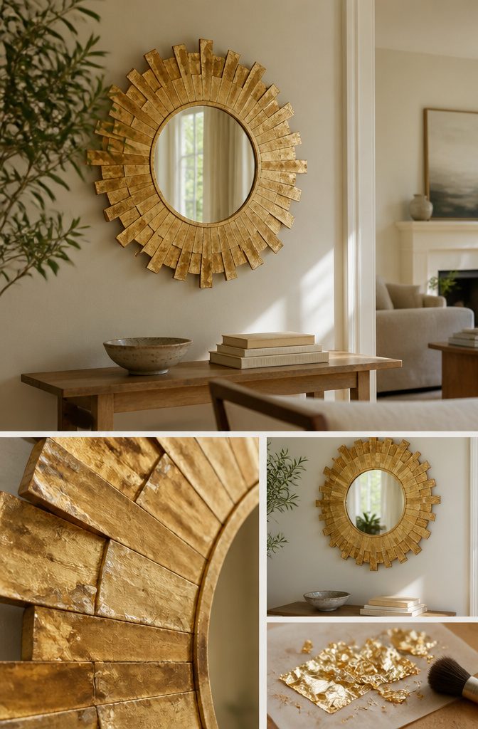 How to Make a DIY Gold Leaf Mirror Frame in 5 Simple Steps 7 Antiqued gold mirror frame with uneven tones visible seams and pale paint