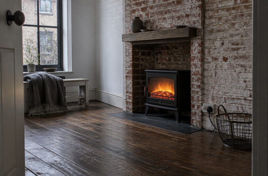 Fireplace in a living room without a visible chimney or flue