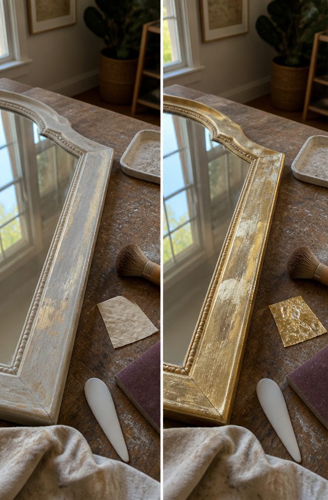 How to Make a DIY Gold Leaf Mirror Frame in 5 Simple Steps 4 Mirror frame with gold leaf showing through pale paint in worn patches