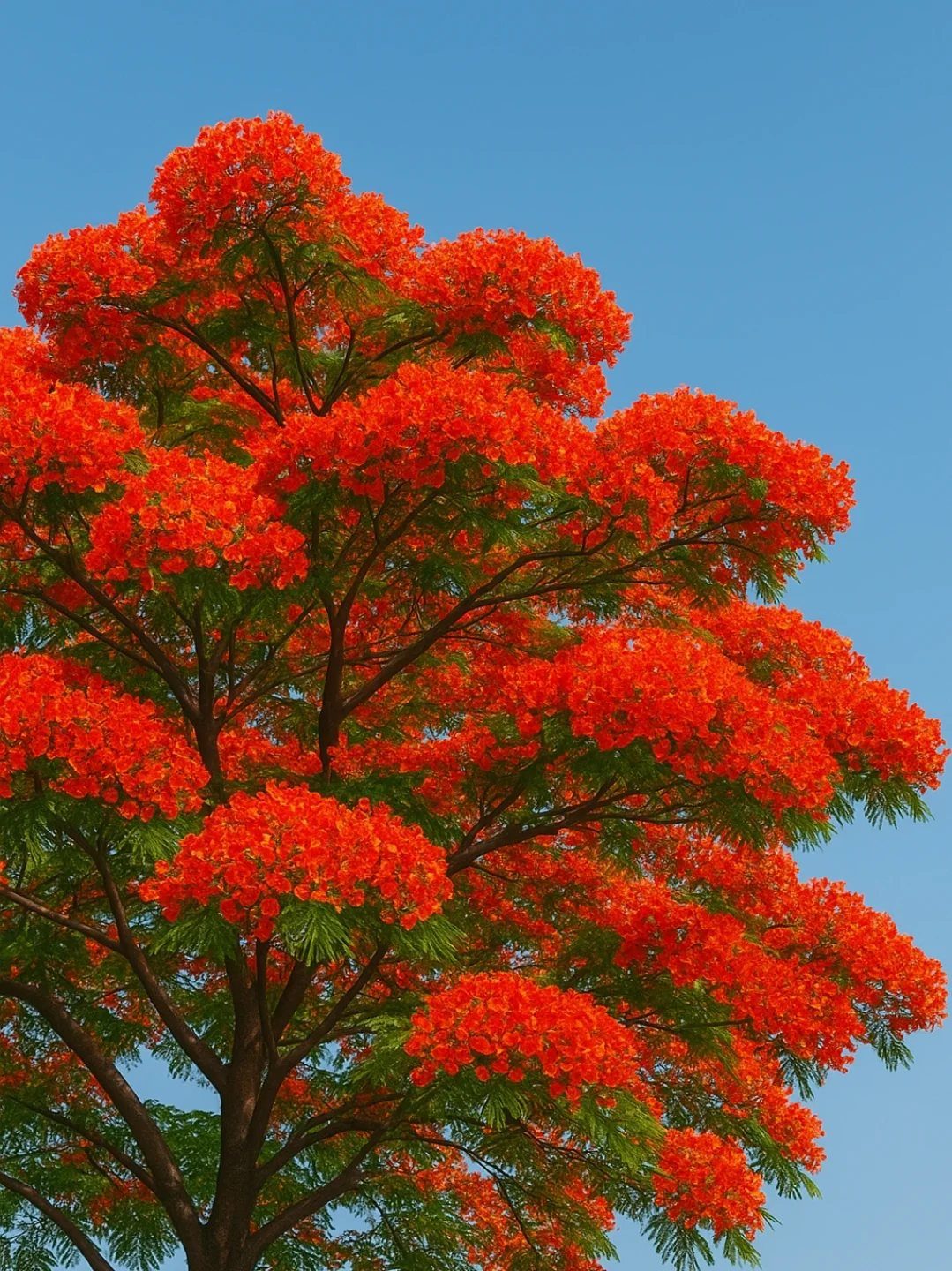 Flamboyant tree with bright red blossoms and green foliage against a blue sky.