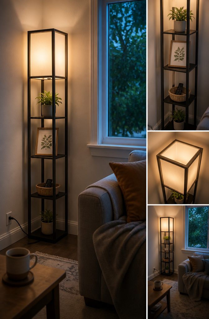 Rental Friendly Shelves for Apartments, Bathrooms, and Closets 9 Tall corner floor lamp with four display shelves and charging ports