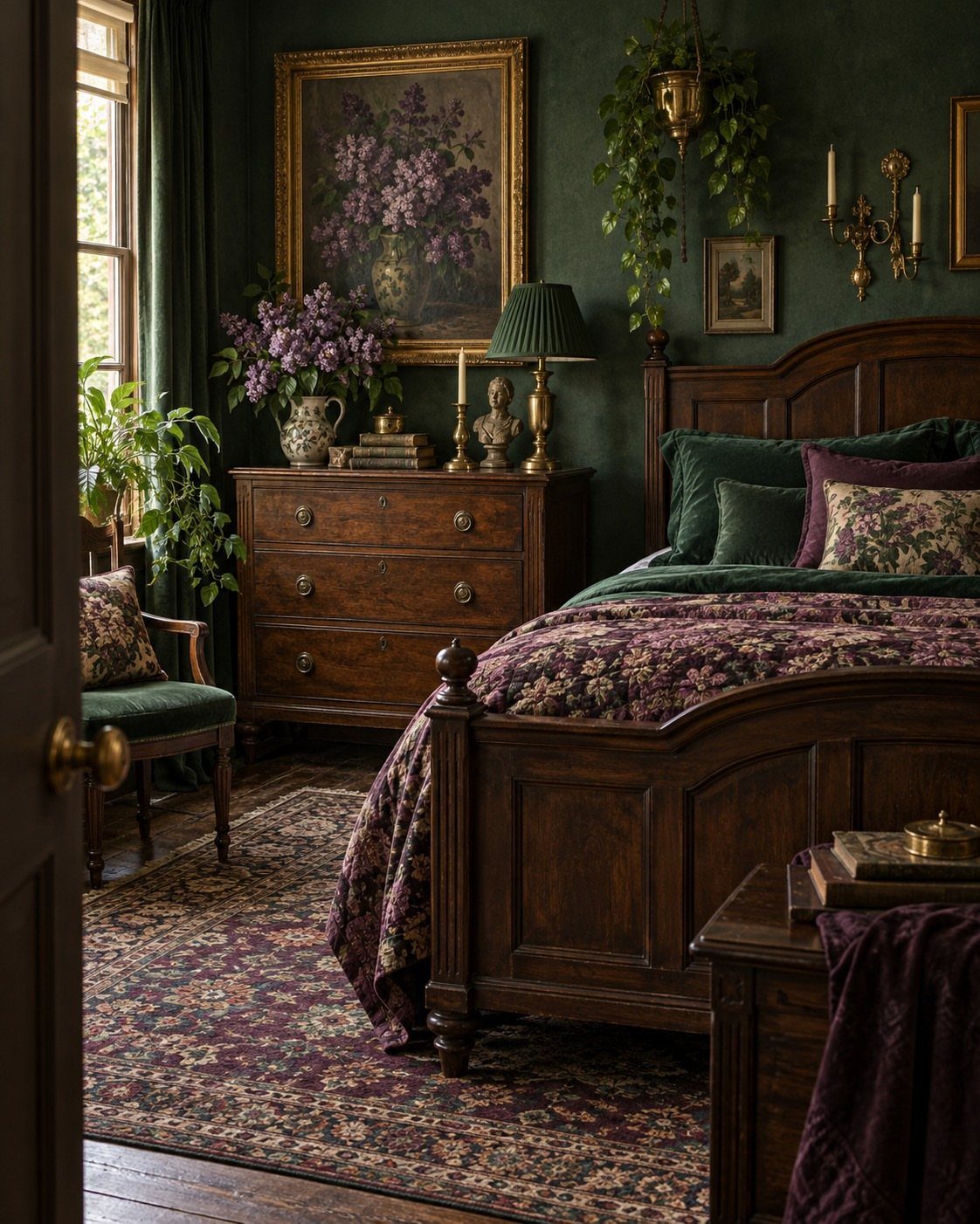 13 Alt Room Decor Ideas with Moody Colors, Wood, and Plants 12 Dark green bedroom with a wooden bed and burgundy floral patterned bedding.