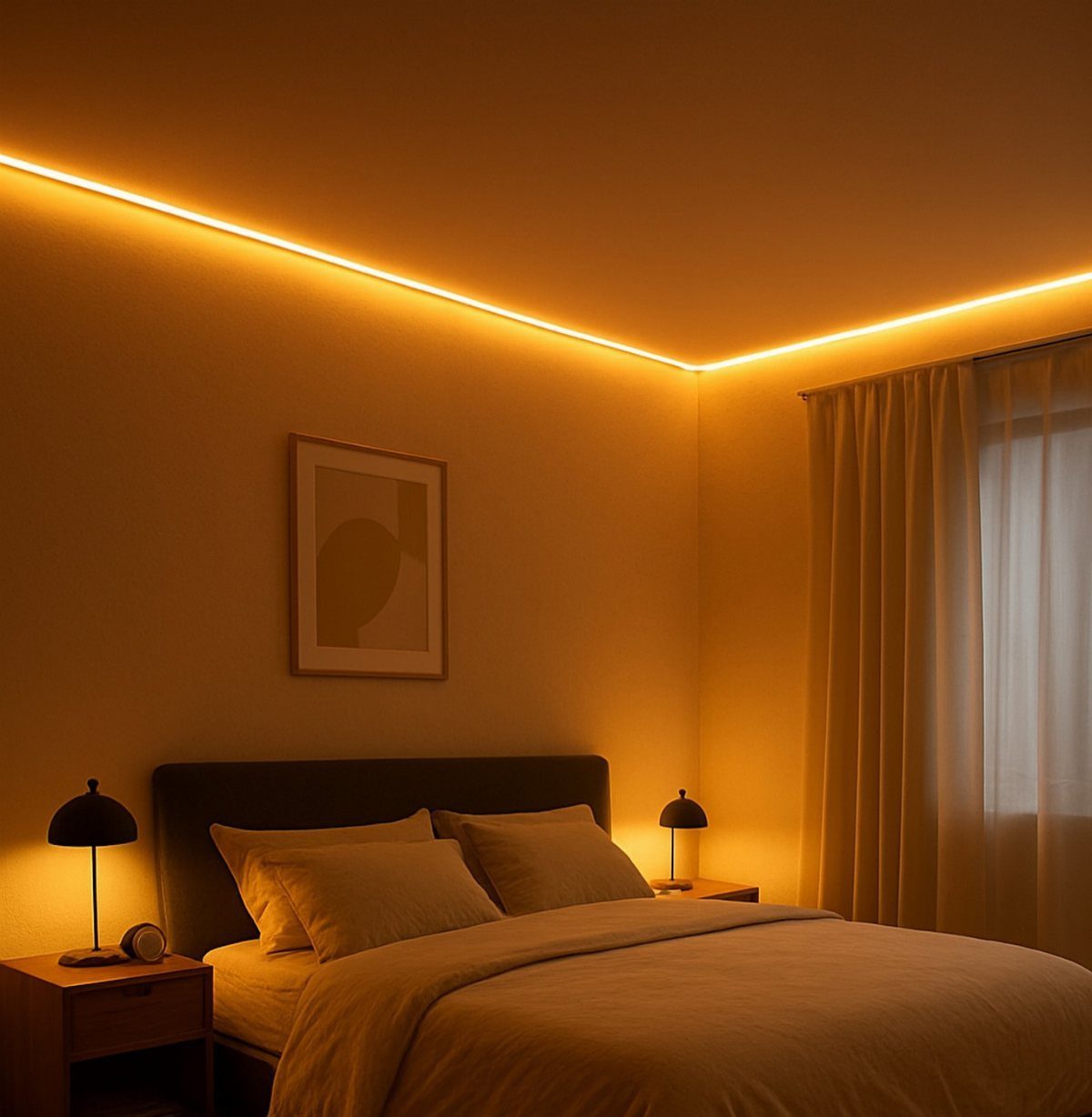 22 Bedroom Empty Wall Ideas, from Gallery Walls to Plaster 21 Bedroom with warm lighting, bedside lamps, and a framed print on the wall.