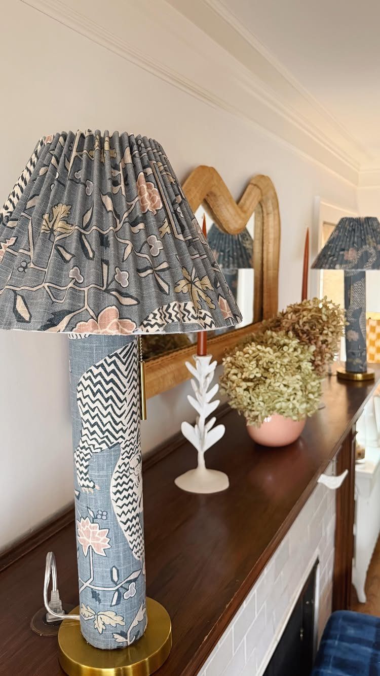 Make Table Lamp Ideas: 14 Designs in Wood, Glass and Ceramic 4 Fabric covered table lamp with pleated shade on a dark wooden mantelpiece