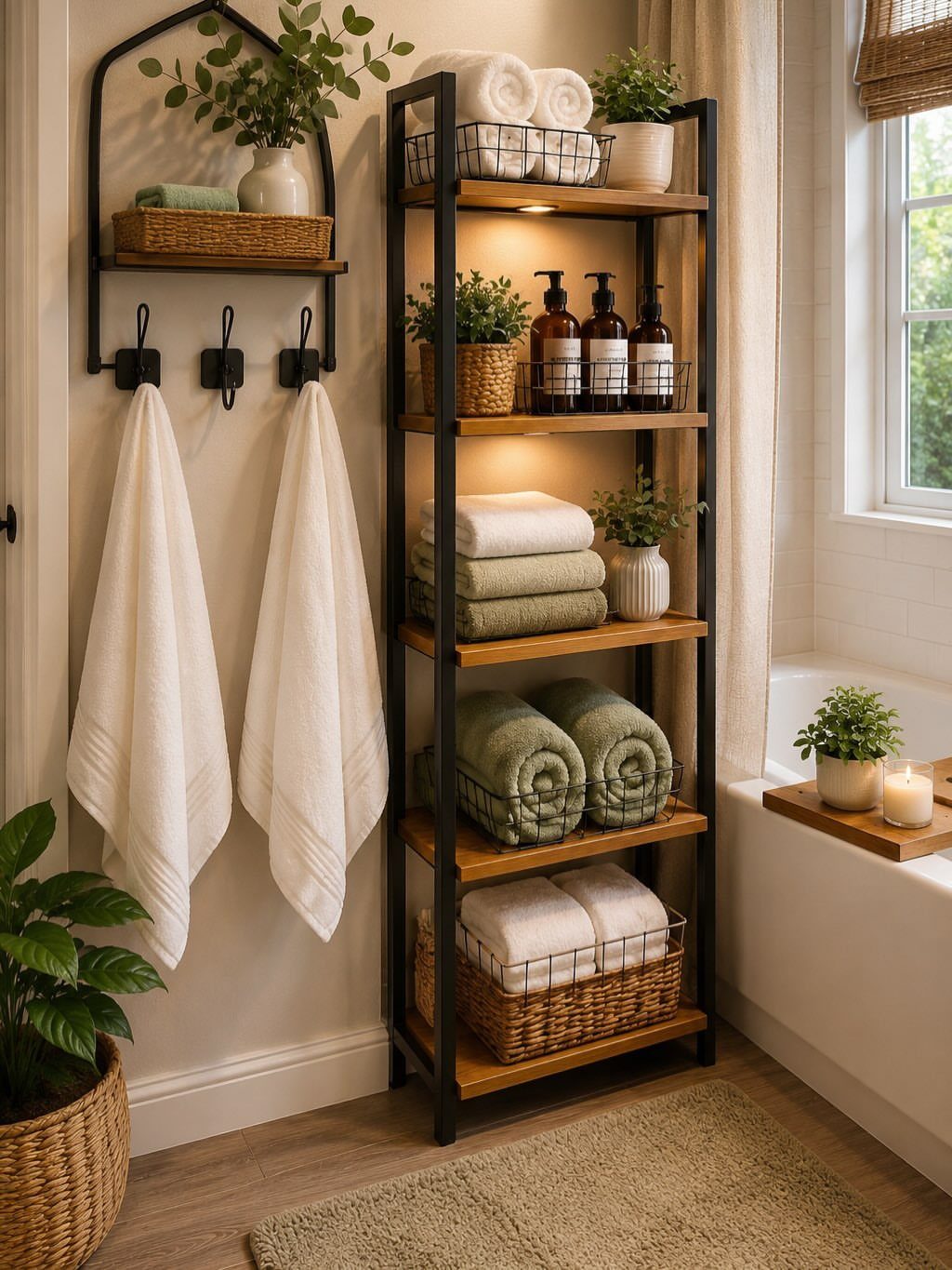 Bathroom Shelf Unit Ideas: 28 Storage and Display Options 23 Wooden bathroom shelf unit with black metal frame holding towels and plants.