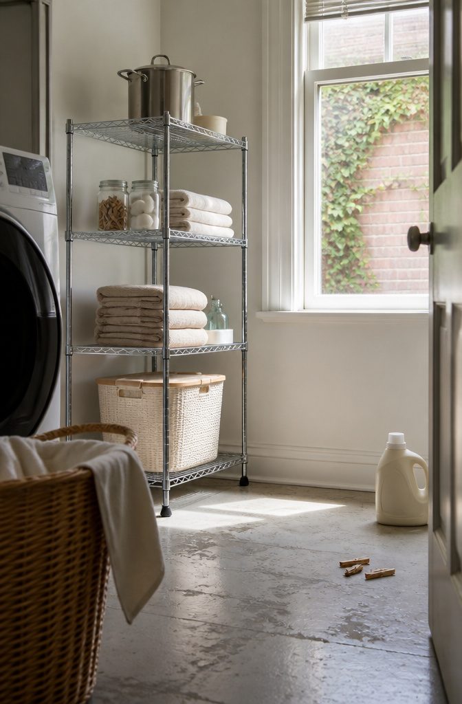Rental Friendly Shelves for Apartments, Bathrooms, and Closets 11 Freestanding wire shelving unit with cookware jars towels and storage basket