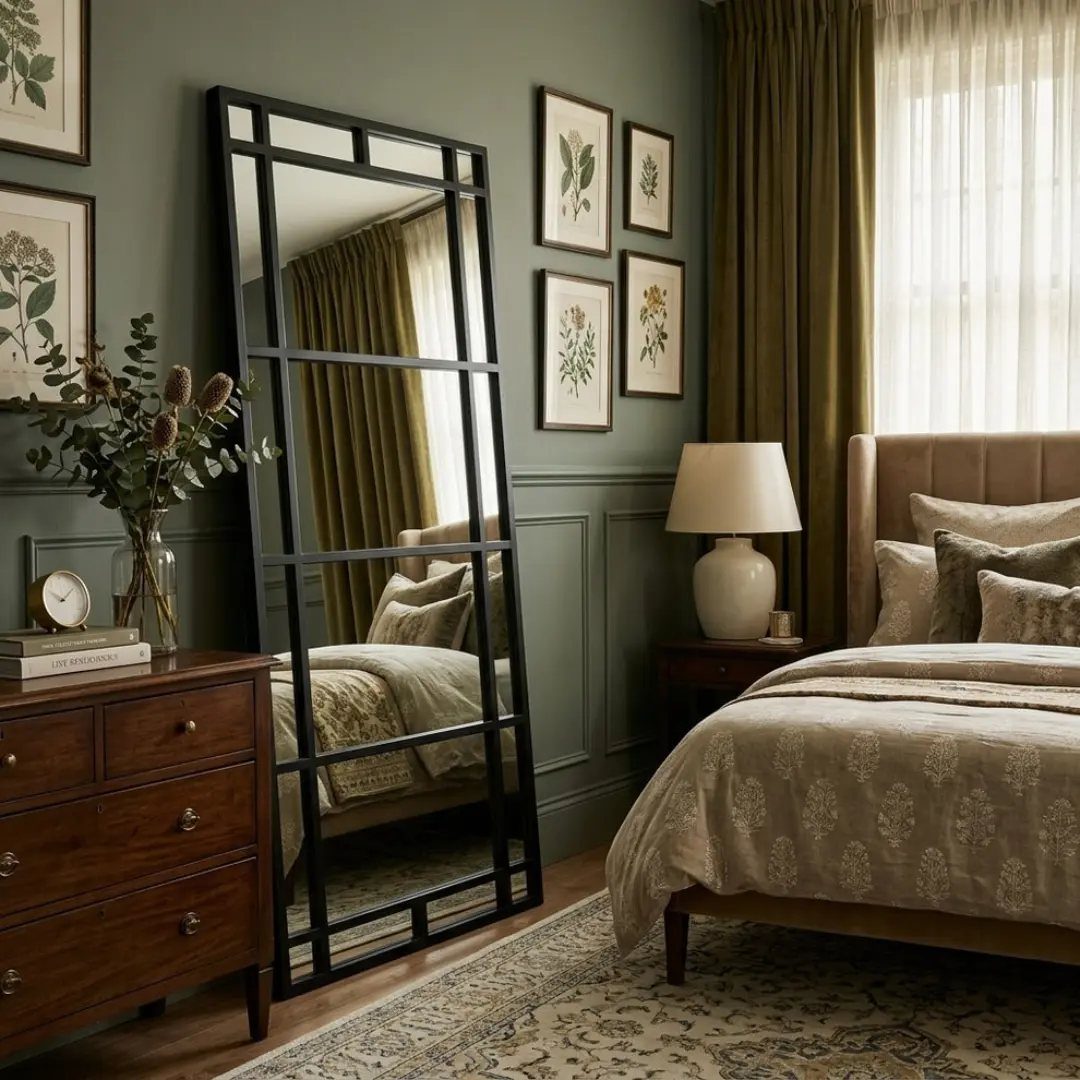 Mirror Wall Art: 25 Ideas from Sunburst to Floor Mirrors 18 Large black-framed full-length mirror leaning against a green wall in a cozy bedroom.