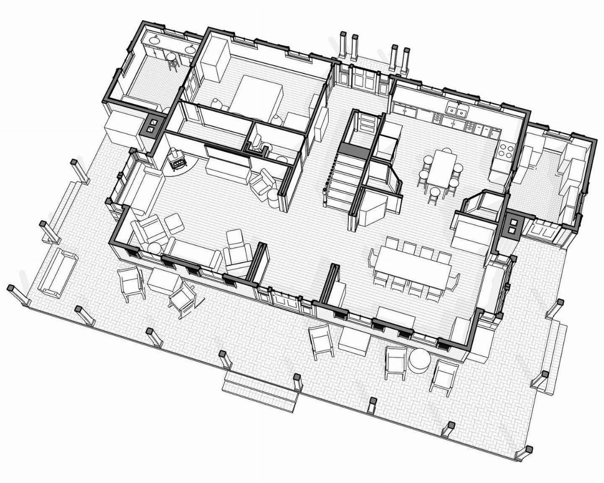 Architectural 3D floor plan drawing of a house layout with furniture and patio.