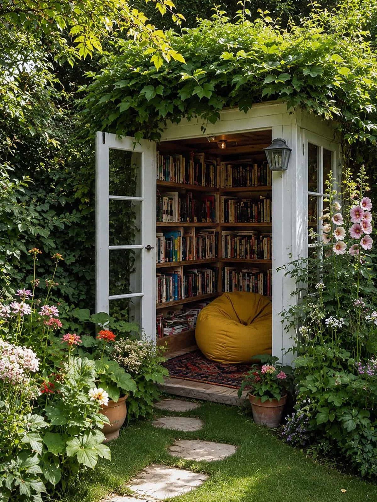 Garden shed library with bookshelves and a yellow beanbag chair surrounded by flowers.