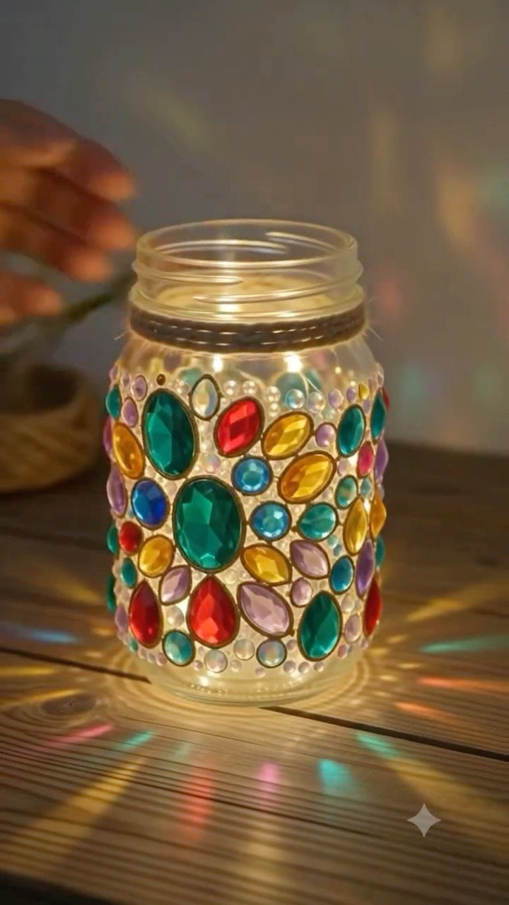 17 Handmade Lamps Ideas Using Wood, Concrete, and Glass Jars 14 Glass mason jar lamp decorated with colorful faux gemstones and glowing from inside.