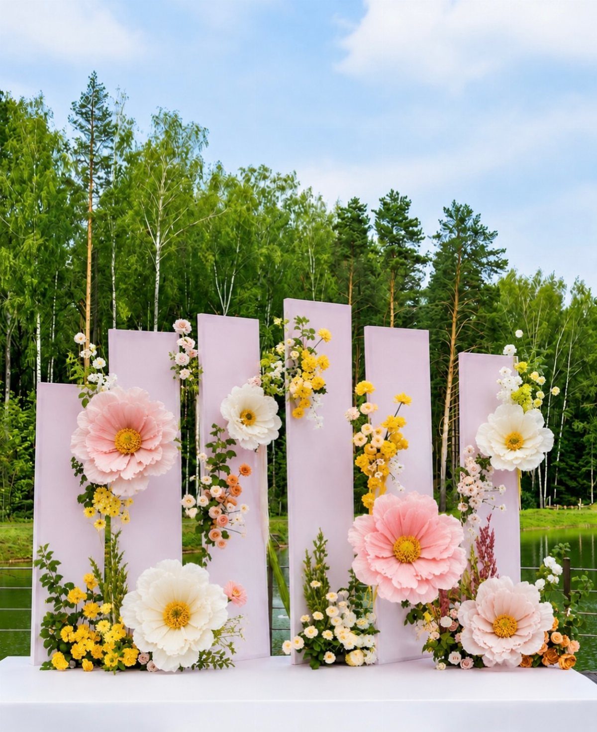 Oversized pink and white flowers on purple panels as an outdoor event backdrop.